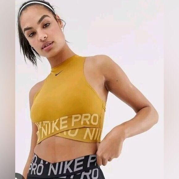 Nike Pro Intertwist Crop Tank Top Small Mustard Yellow Gold Medium Athletic Gym  - Picture 1 of 9